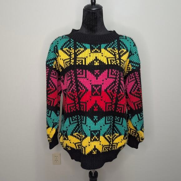 VTG Robin Ross sz Medium bright yellow pink teal geometric pattern sweater - Picture 1 of 5